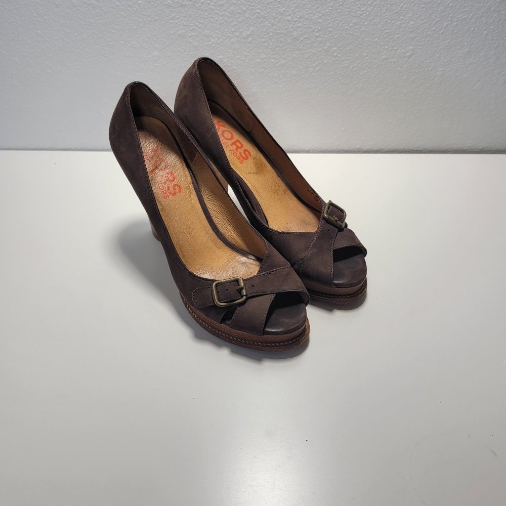 Kors by Michael Kors Brown Leather Peep Toe Pump Size 7